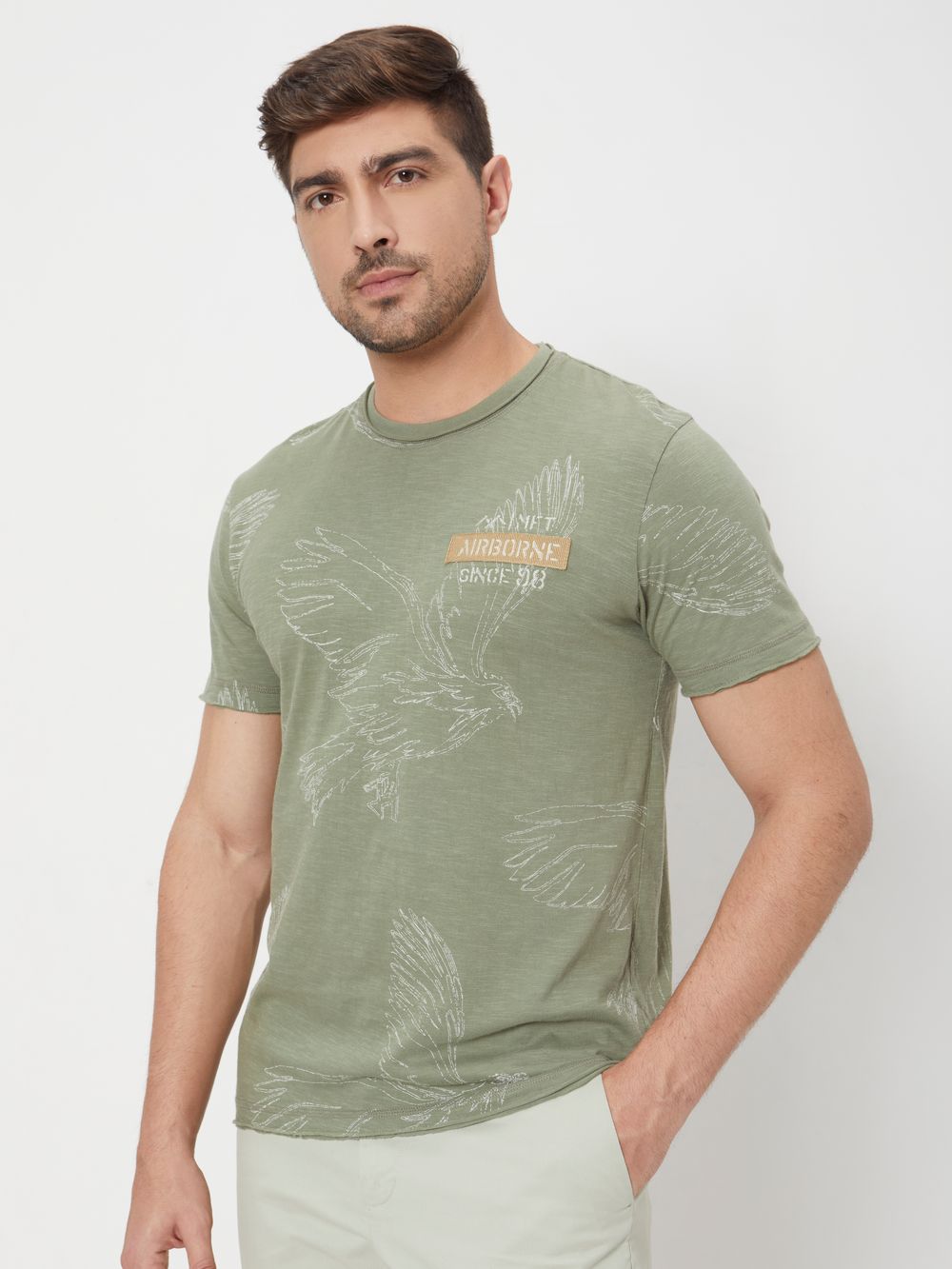 Light Olive Embroidered Print Slim Fit Slub Jersey T-Shirt