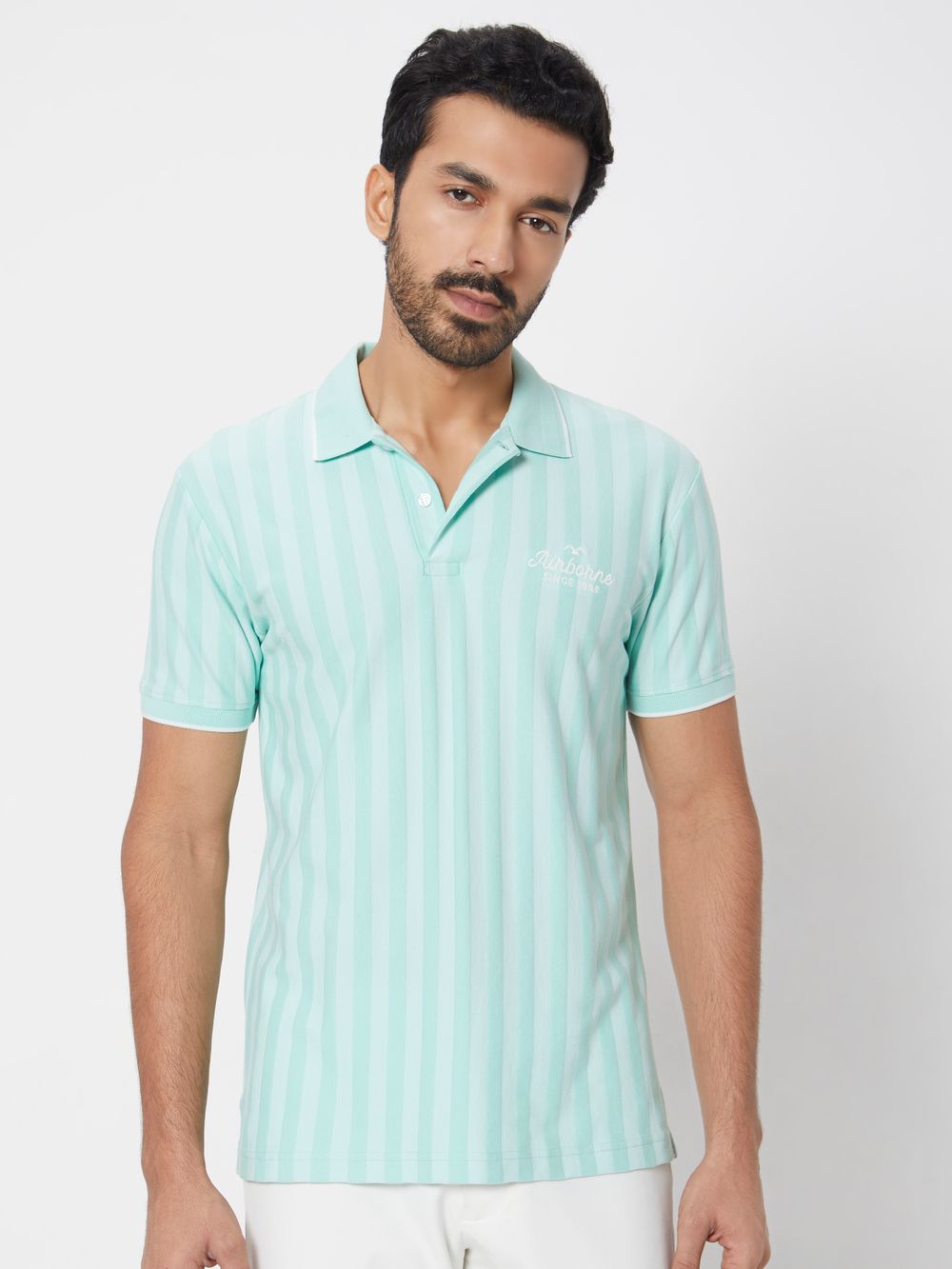 Light Green Textured Stripe Slim Fit Polo T-Shirt