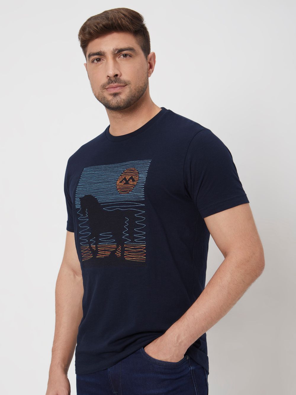 Navy Embroidered Graphic Slim Fit Jersey T-Shirt