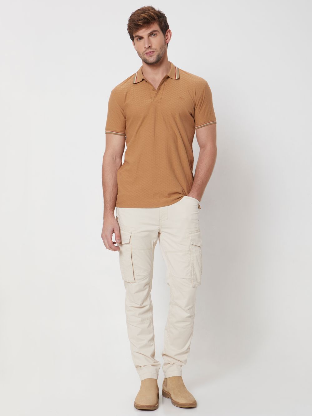 Buy Khaki Textured Tipped Collar Slim Fit Casual Polo Online at Muftijeans