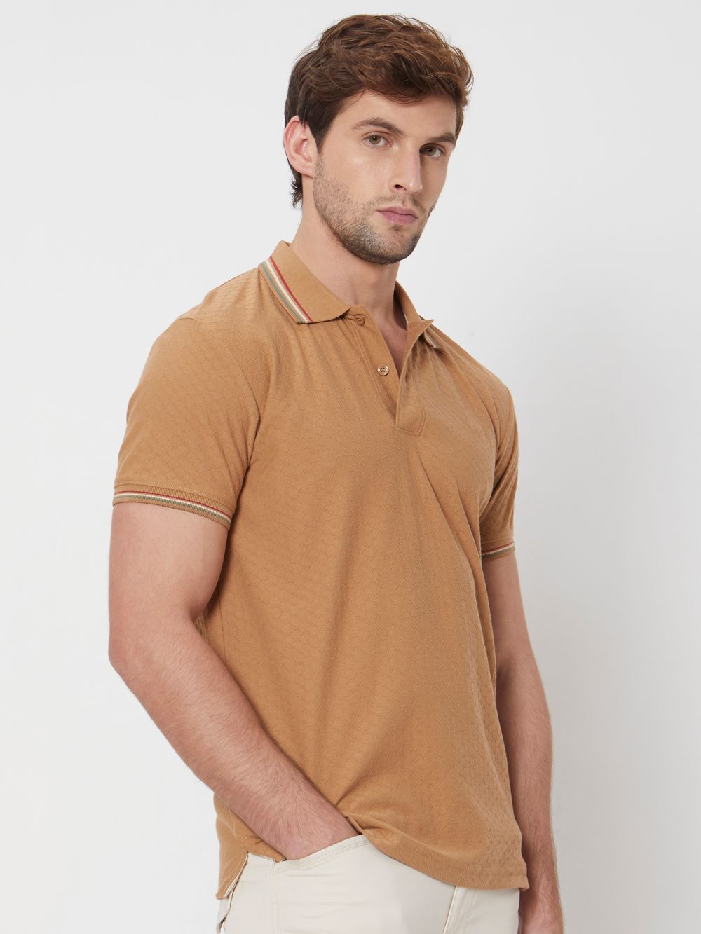 Khaki Textured Tipped Collar Slim Fit Casual Polo