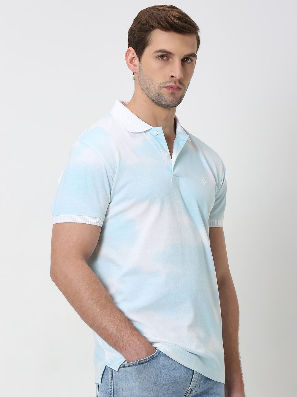Light Blue Cloud Print Slim Fit Polo T-Shirt