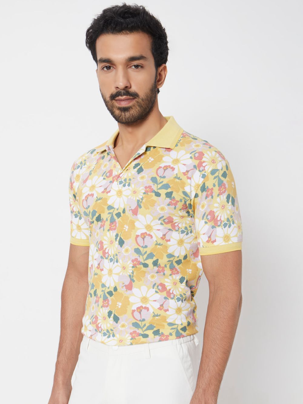 Yellow Floral Print Slim Fit Polo T-Shirt