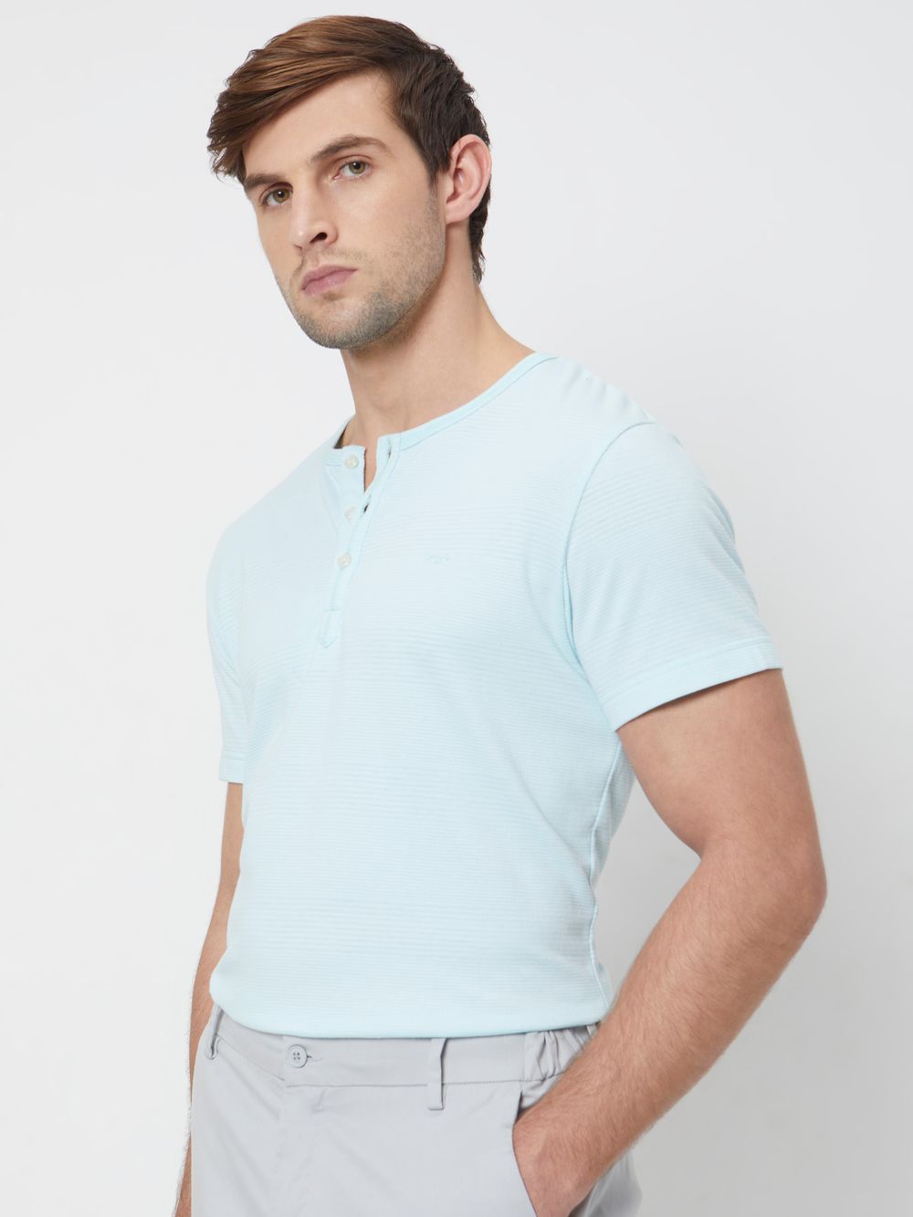 Turquoise Plain Slim Fit Henley T-Shirt