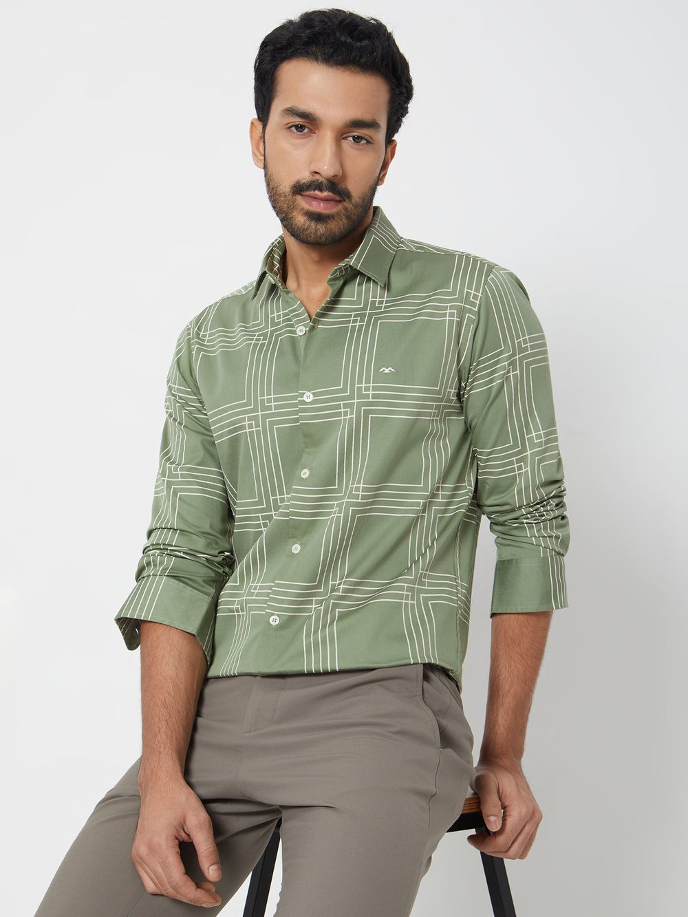 Olive & White Printed Check Slim Fit Casual Shirt
