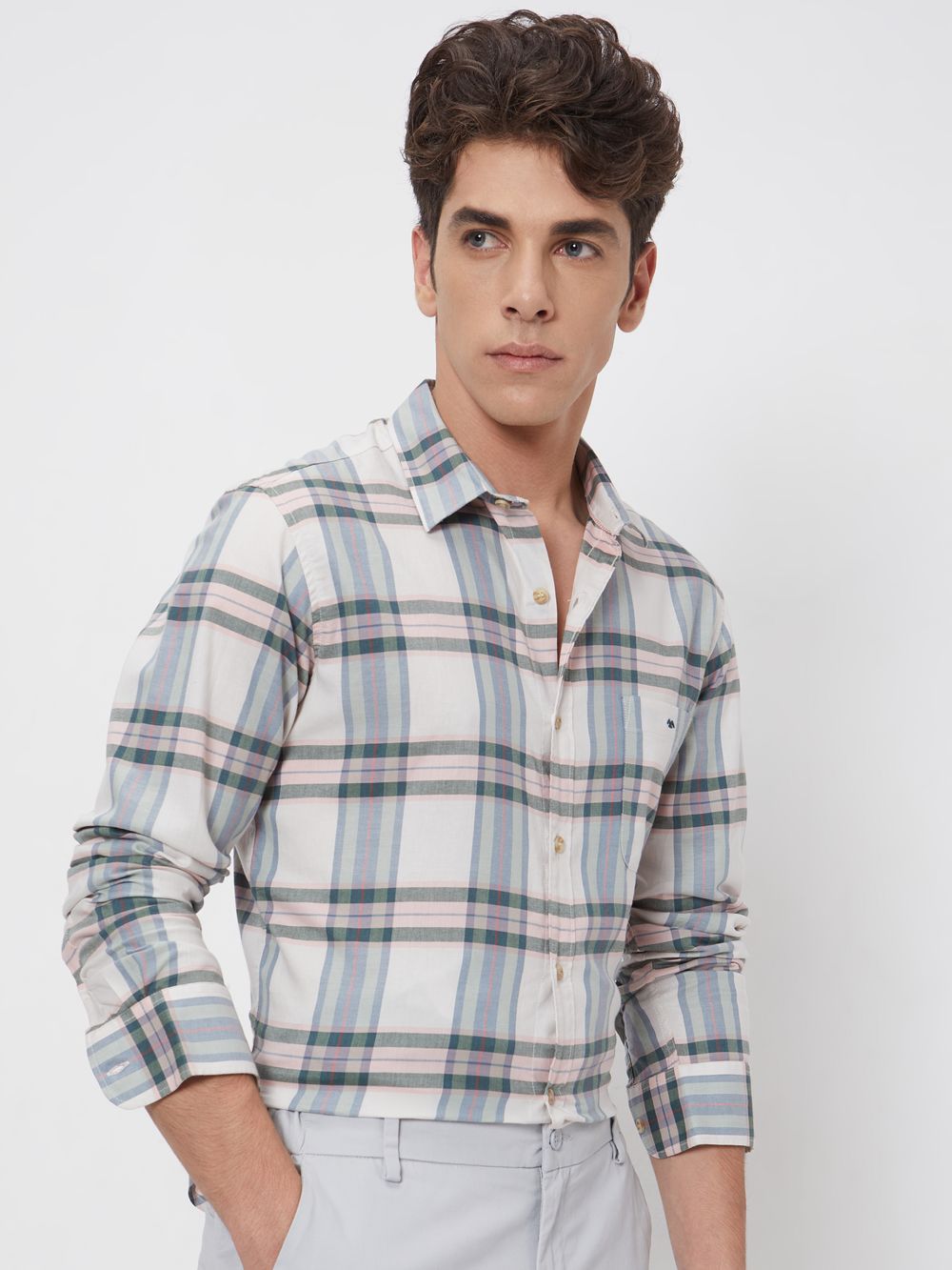 Beige Large Check Slim Fit Casual Shirt