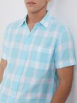 Turquoise & White Textured Check Slim Fit Casual Shirt