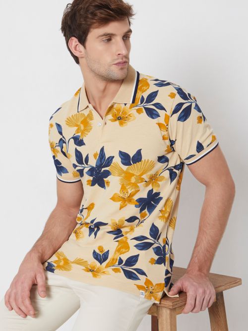 Beige Floral Print Slim Fit Casual Polo