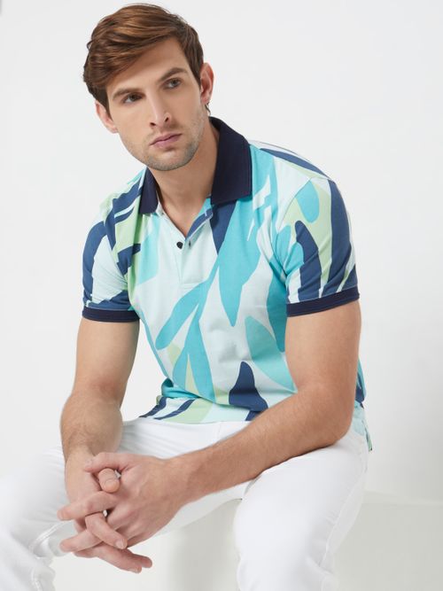 Turquoise Leaf Print Slim Fit Polo T-Shirt