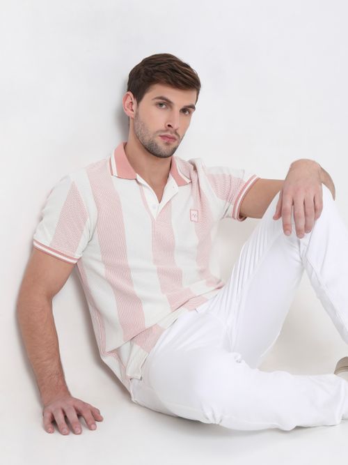 Peach Textured Stripe Slim Fit Polo T-Shirt