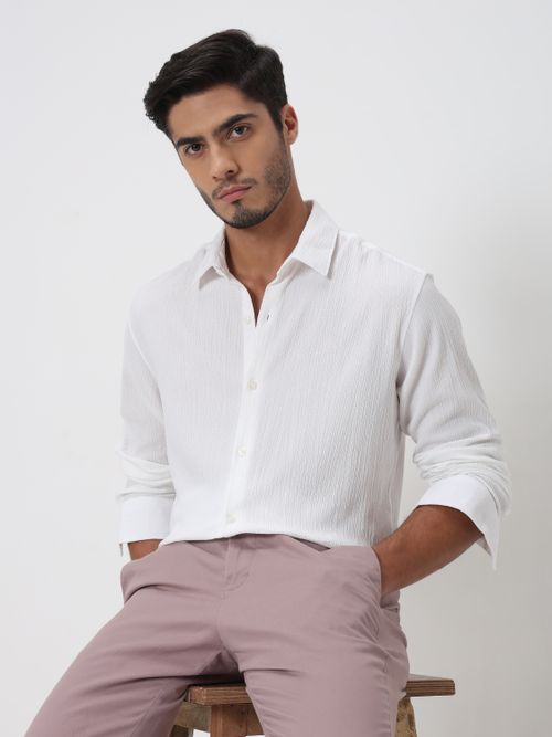 White Textured Plain Slim Fit Casual Shirt