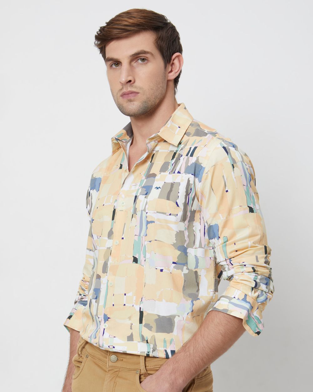 Yellow Digital Print Slim Fit Casual Shirt