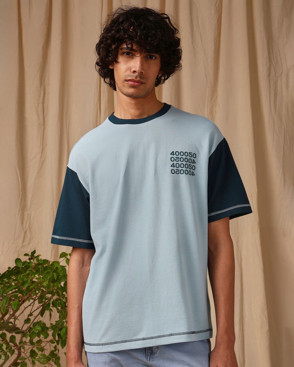 Turquoise Colour Blocked Oversized Loose Fit Tee