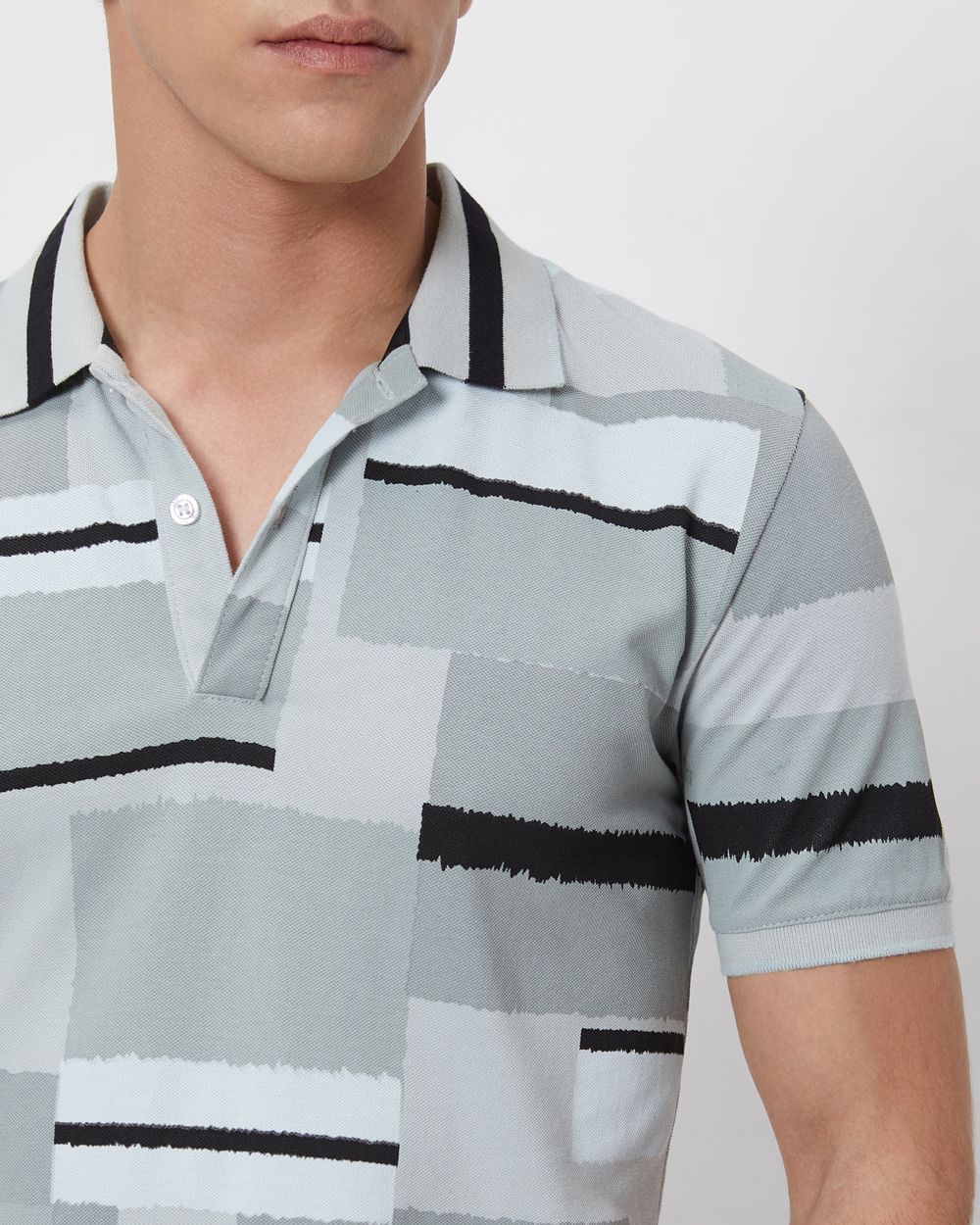 Grey Abstract Print Slim Fit Casual Polo