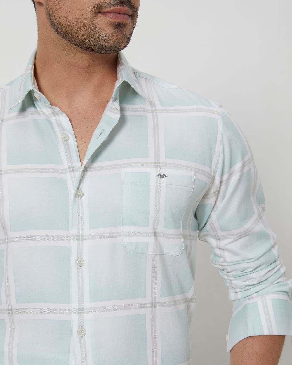 Light Green & White Printed Check Slim Fit Casual Shirt