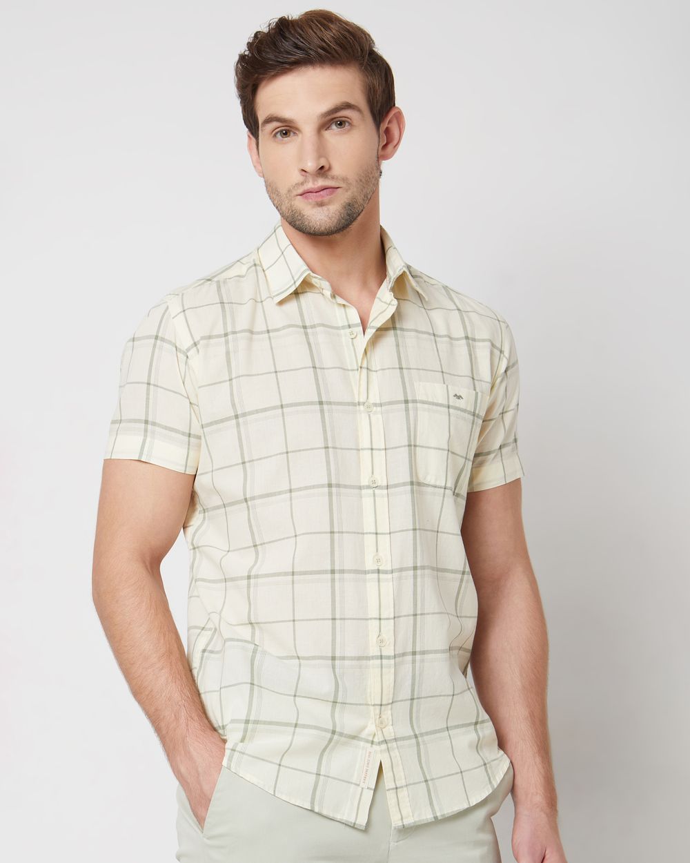 Light Green Windowpane Check Slim Fit Casual Shirt