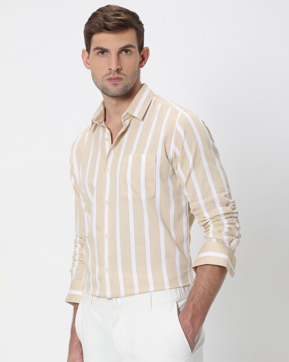 Beige Awning Stripe Slim Fit Casual Shirt