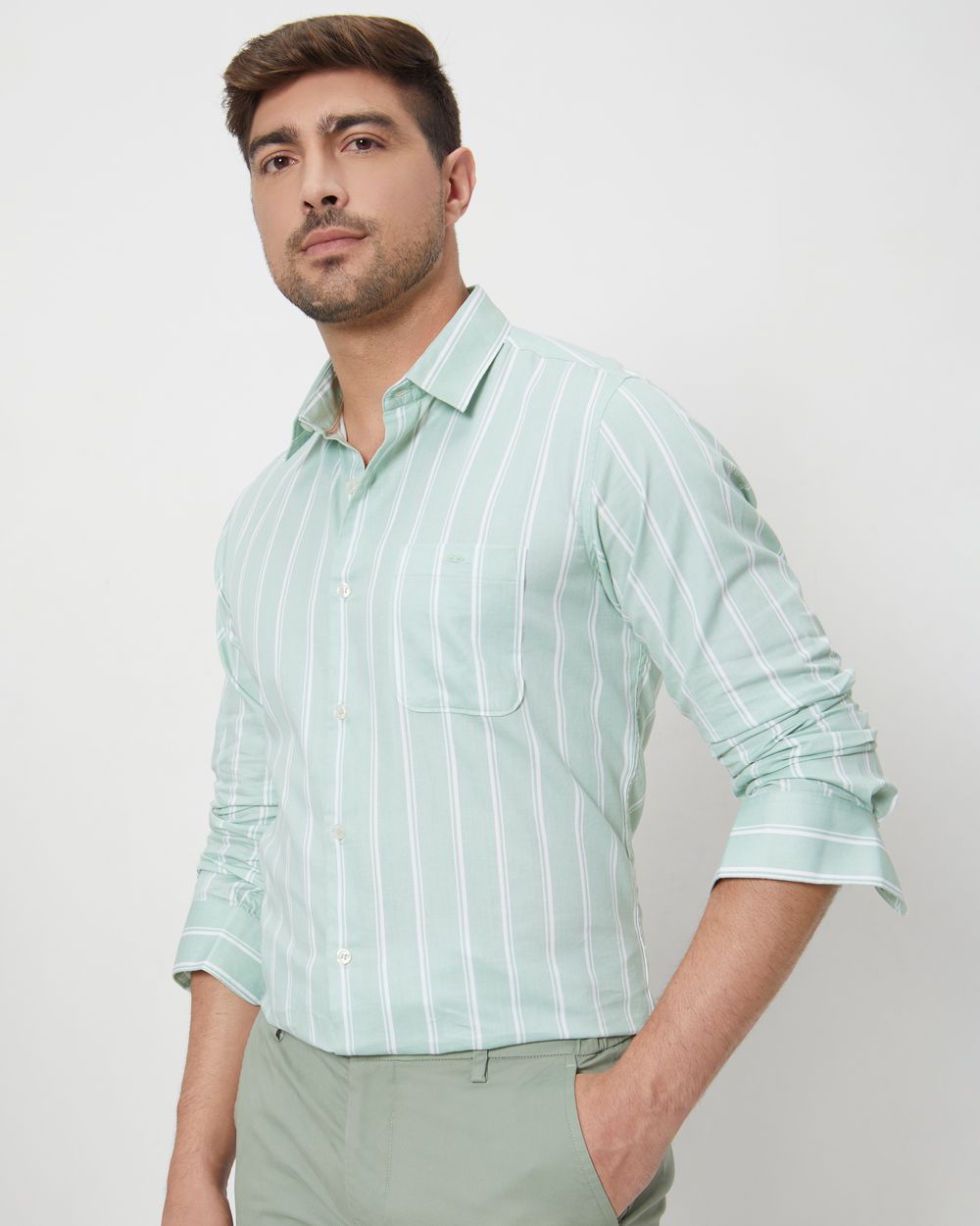 Light Green Candy Stripe Slim Fit Casual Shirt