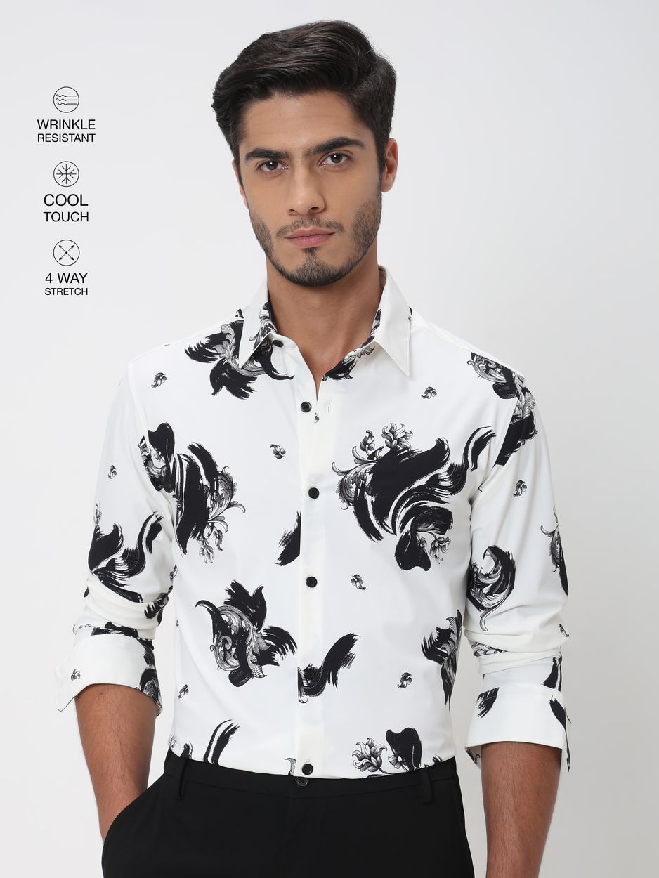 White Abstract Print Slim Fit Casual Shirt