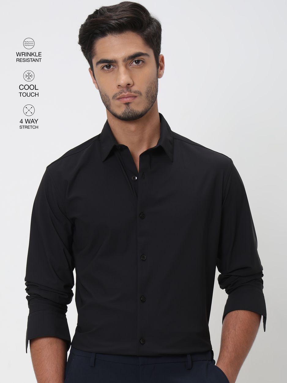 Black Stretch Plain Slim Fit Casual Shirt
