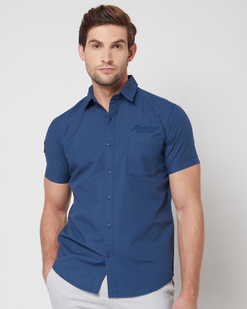 Blue Badged Plain Slim Fit Casual Shirt