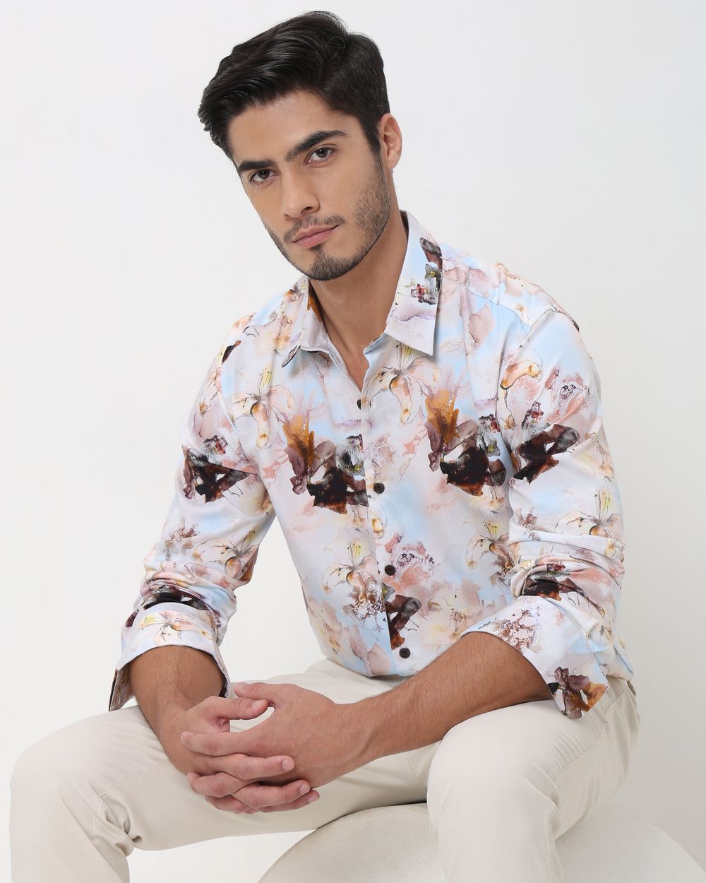 Pastel Pink Digital Print Slim Fit Casual Shirt
