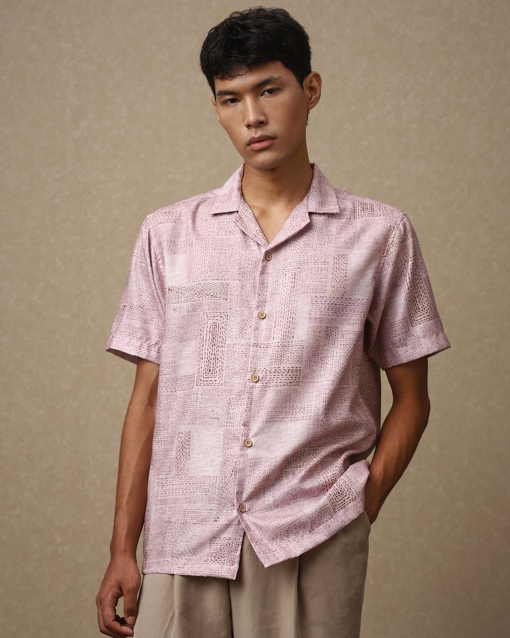 Beige Artisanal Print Loose Fit Casual Shirt