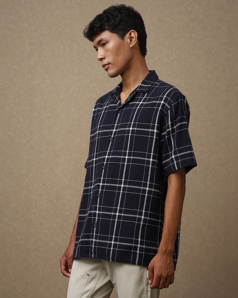 Navy Large Check Loose Fit Casual Shirt