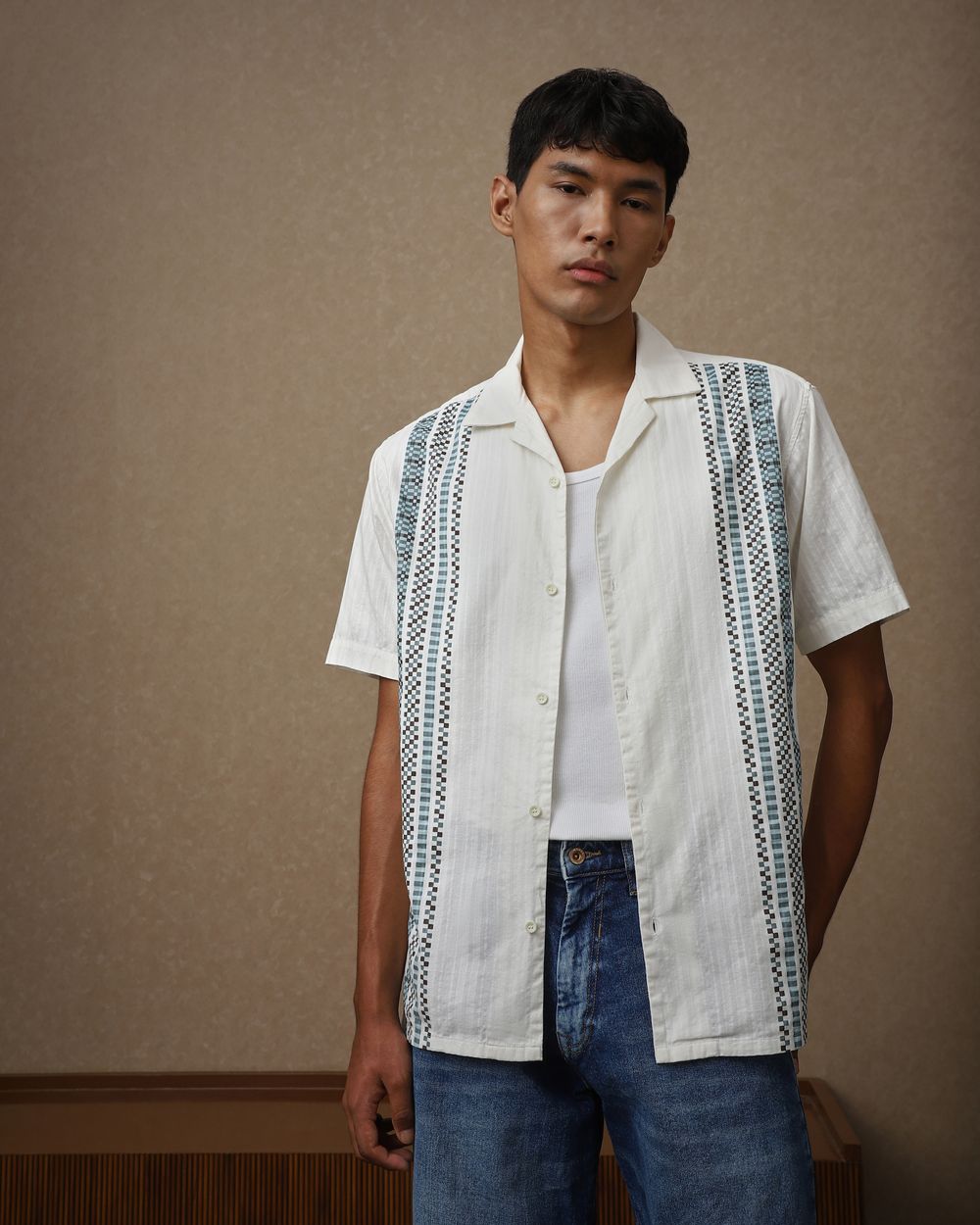 White Dobby Stripe Loose Fit Casual Shirt