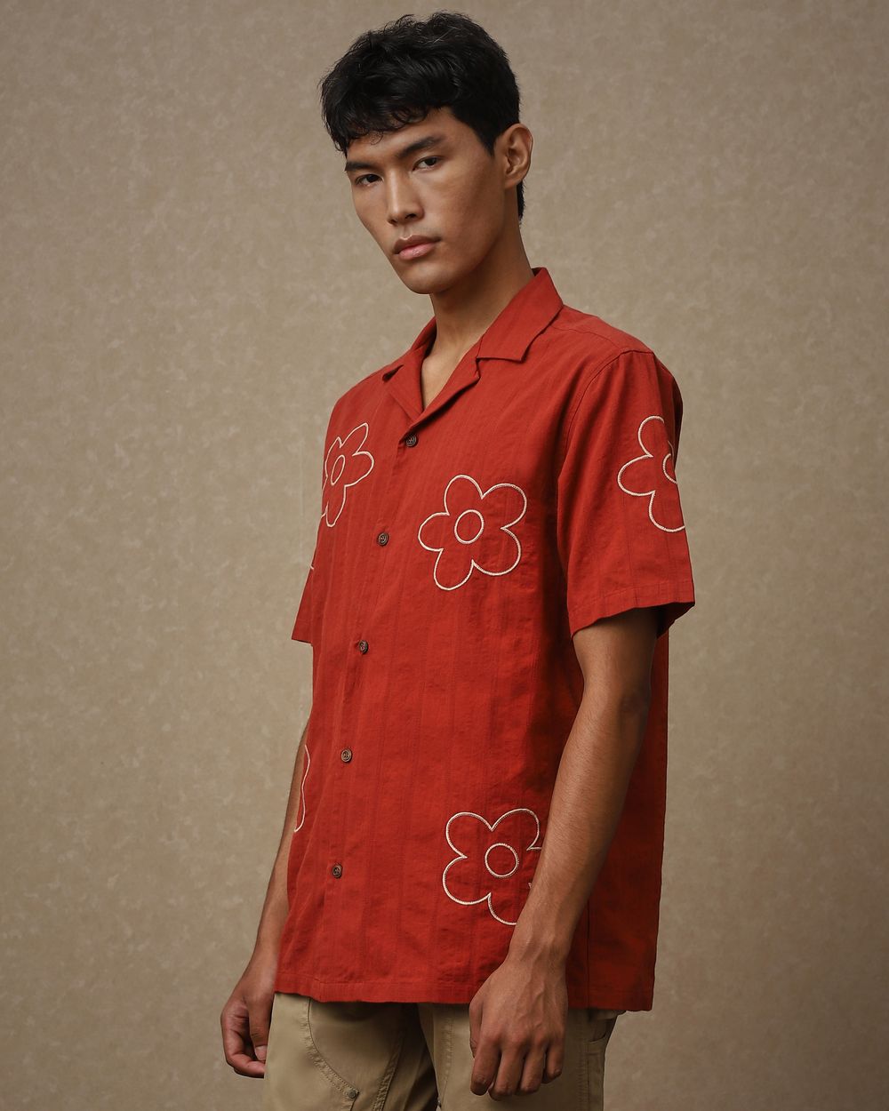 Rust Embroidered Plain Loose Fit Casual Shirt