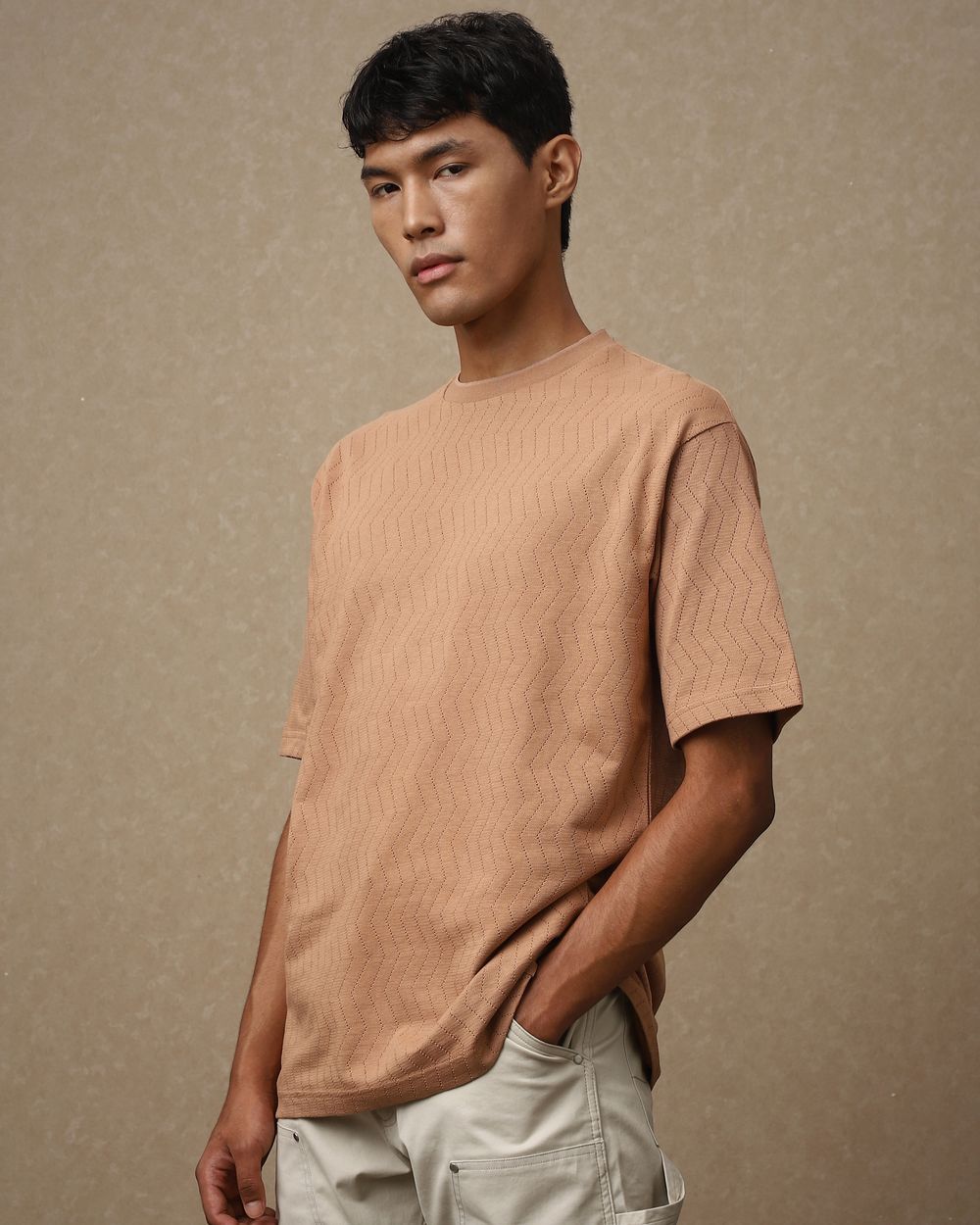 Khaki Jacquard Oversized Loose Fit T-Shirt