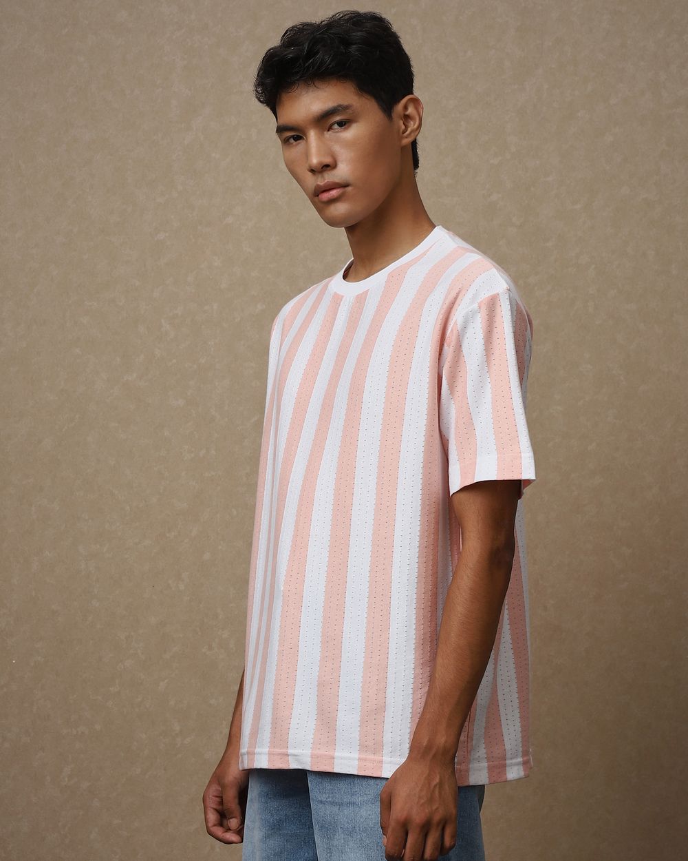 Peach Textured Stripe Oversized Loose Fit T-Shirt