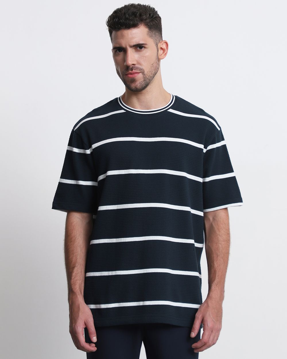 Navy Textured Stripe Slim Fit T-Shirt