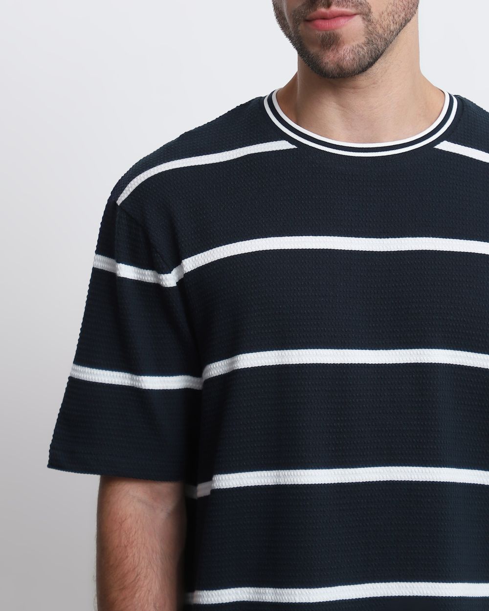 Navy Textured Stripe Slim Fit T-Shirt