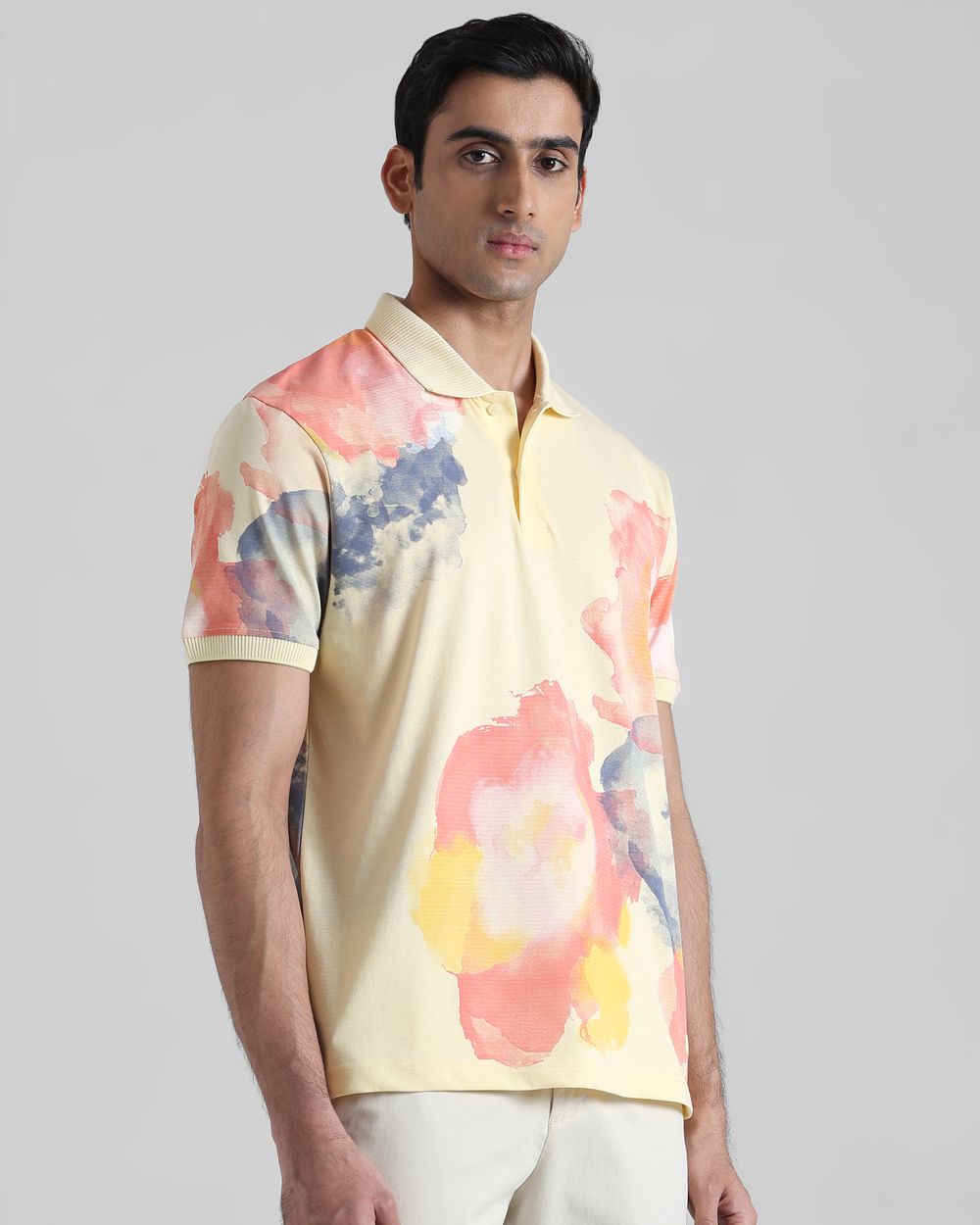 Light Yellow Floral Print Regular Fit T-Shirt