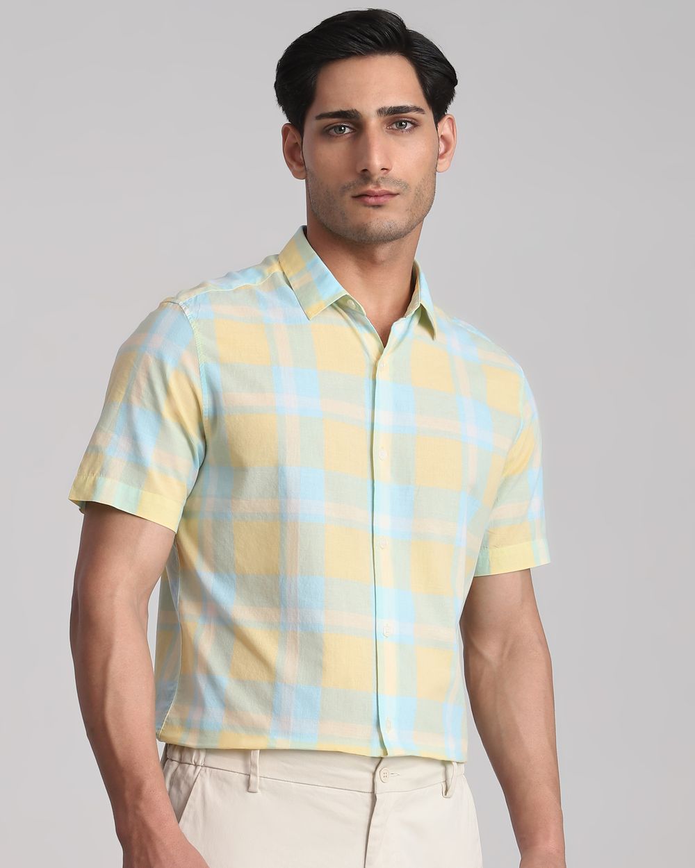 Yellow Large Check Slim Fit Casual Shirt