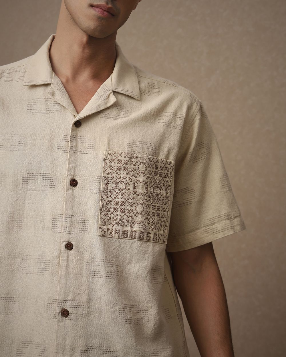 Beige Embroidered Dobby Loose Fit Casual Shirt