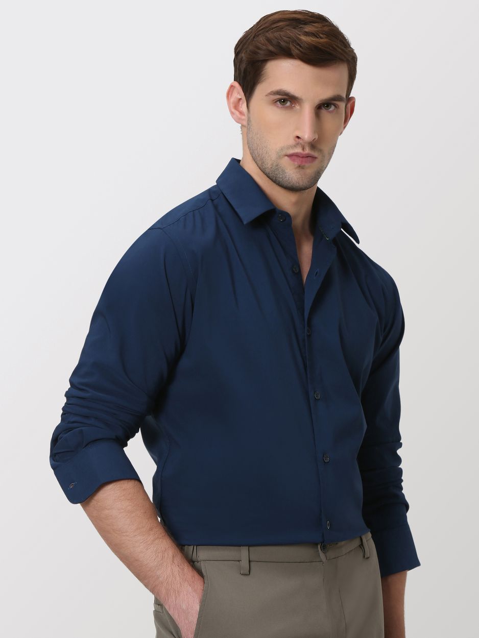 Navy Stretch Plain Slim Fit Casual Shirt