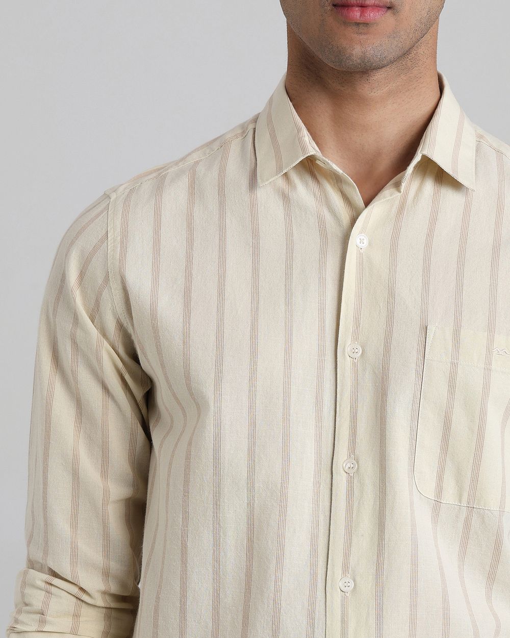Beige Cotton Linen Stripe Slim Fit Casual Shirt