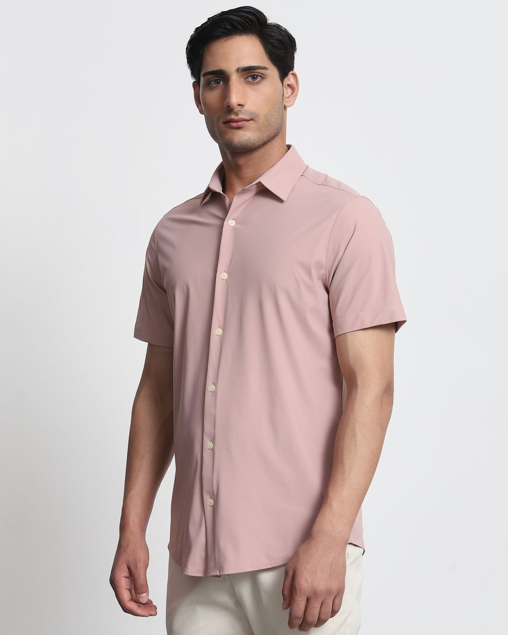 Pink Scuba Stretch Plain Slim Fit Casual Shirt