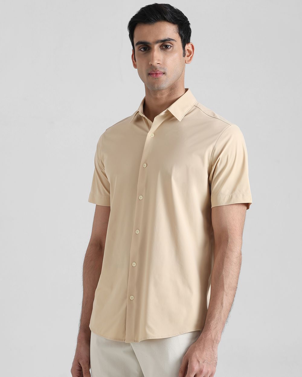 Beige Scuba Stretch Plain Slim Fit Casual Shirt