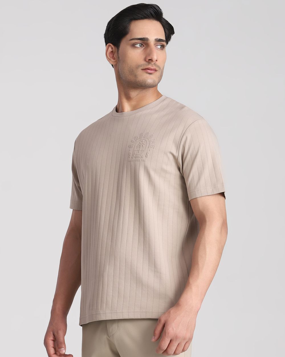 Beige Textured Graphic Regular Fit T-Shirt