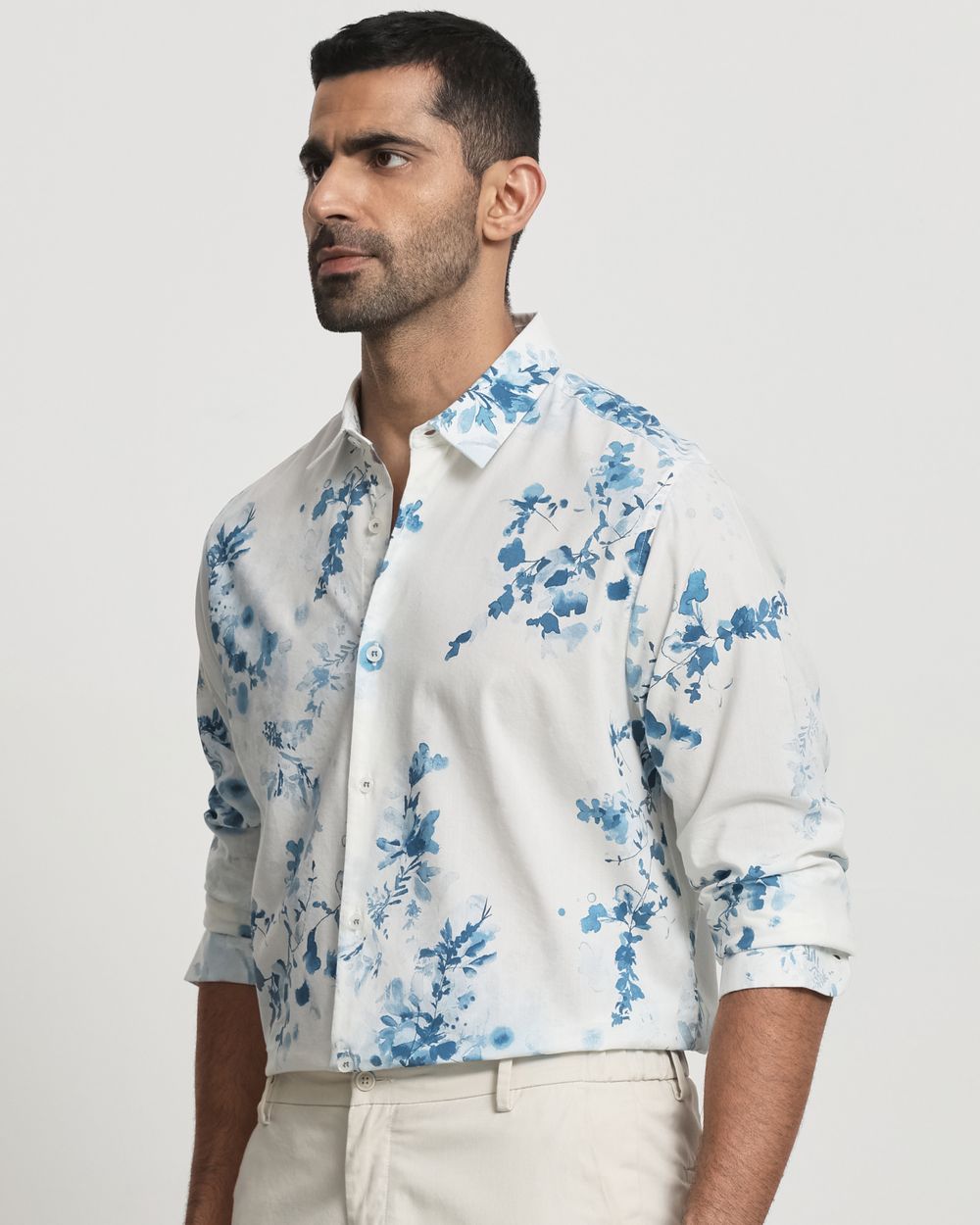 Off White Floral Print Slim Fit Casual Shirt