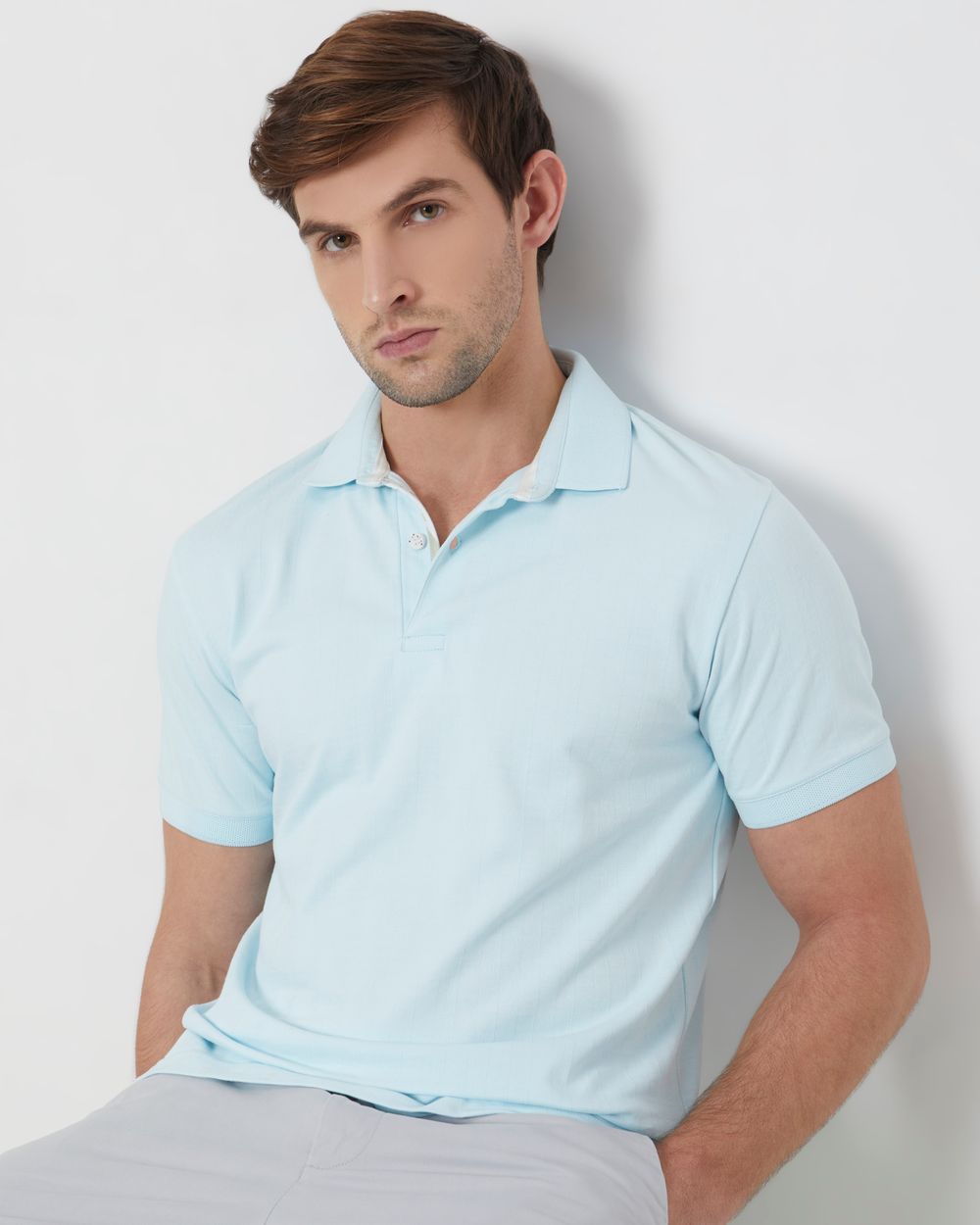 Light Blue Textured Plain Slim Fit Polo T-Shirt