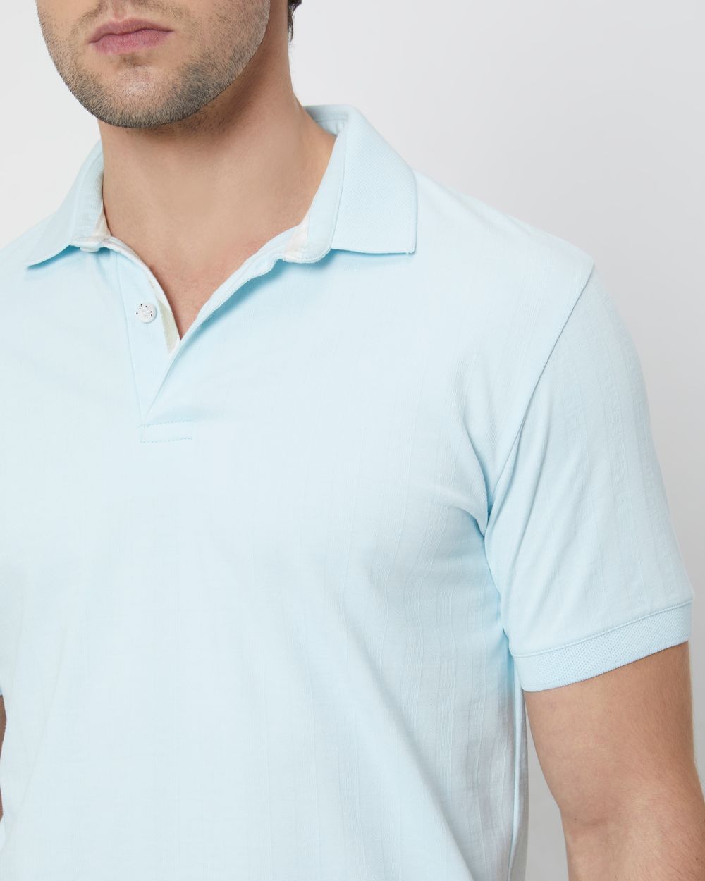 Light Blue Textured Plain Slim Fit Polo T-Shirt