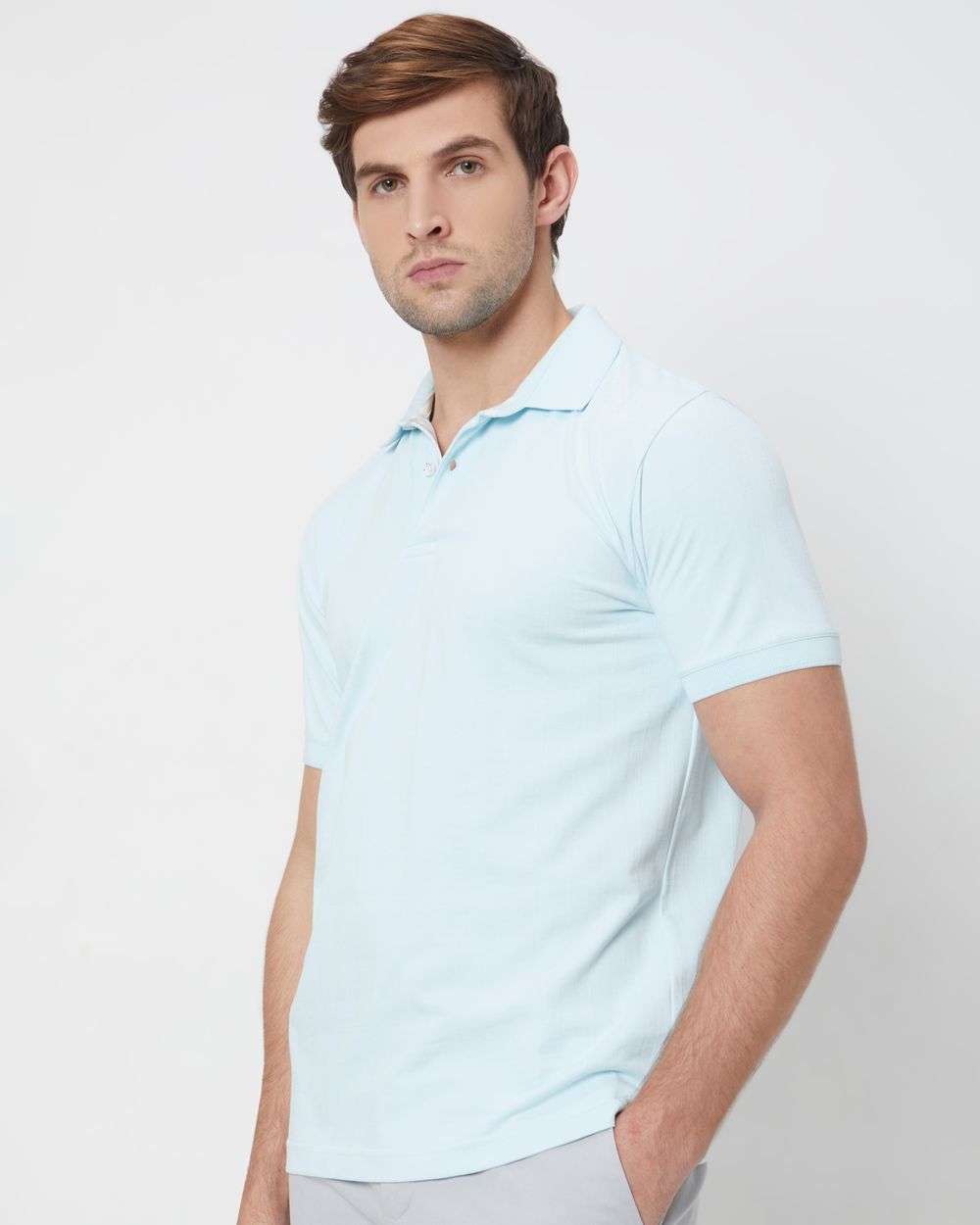 Light Blue Textured Plain Slim Fit Polo T-Shirt