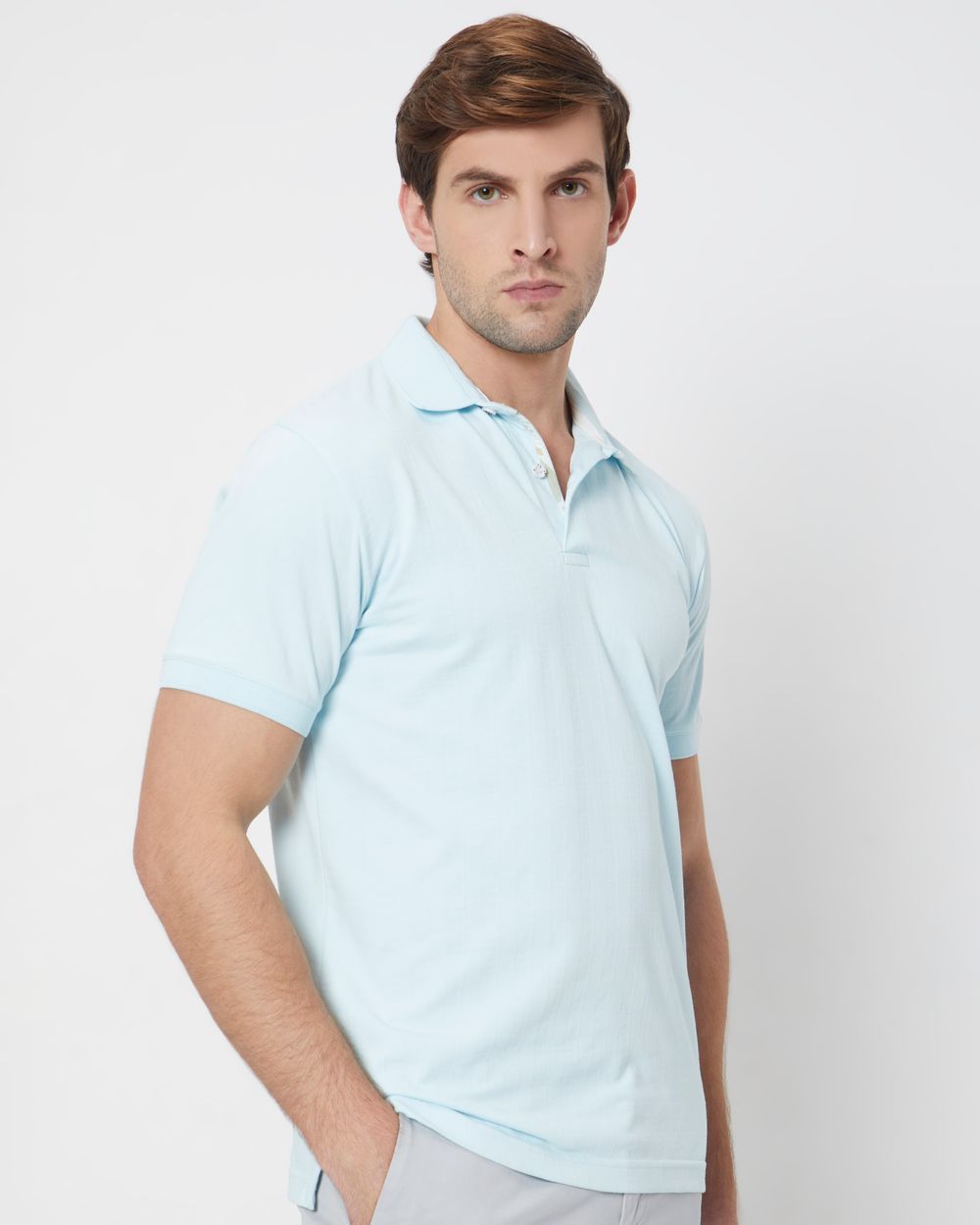 Light Blue Textured Plain Slim Fit Polo T-Shirt