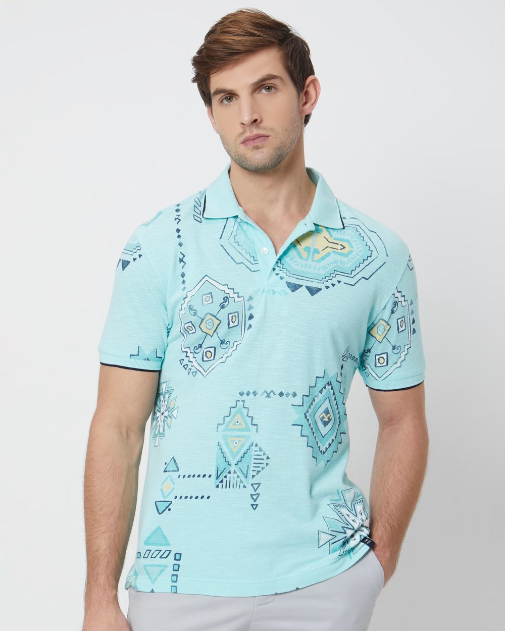 Light Blue Tribal Print Slim Fit Polo T-Shirt