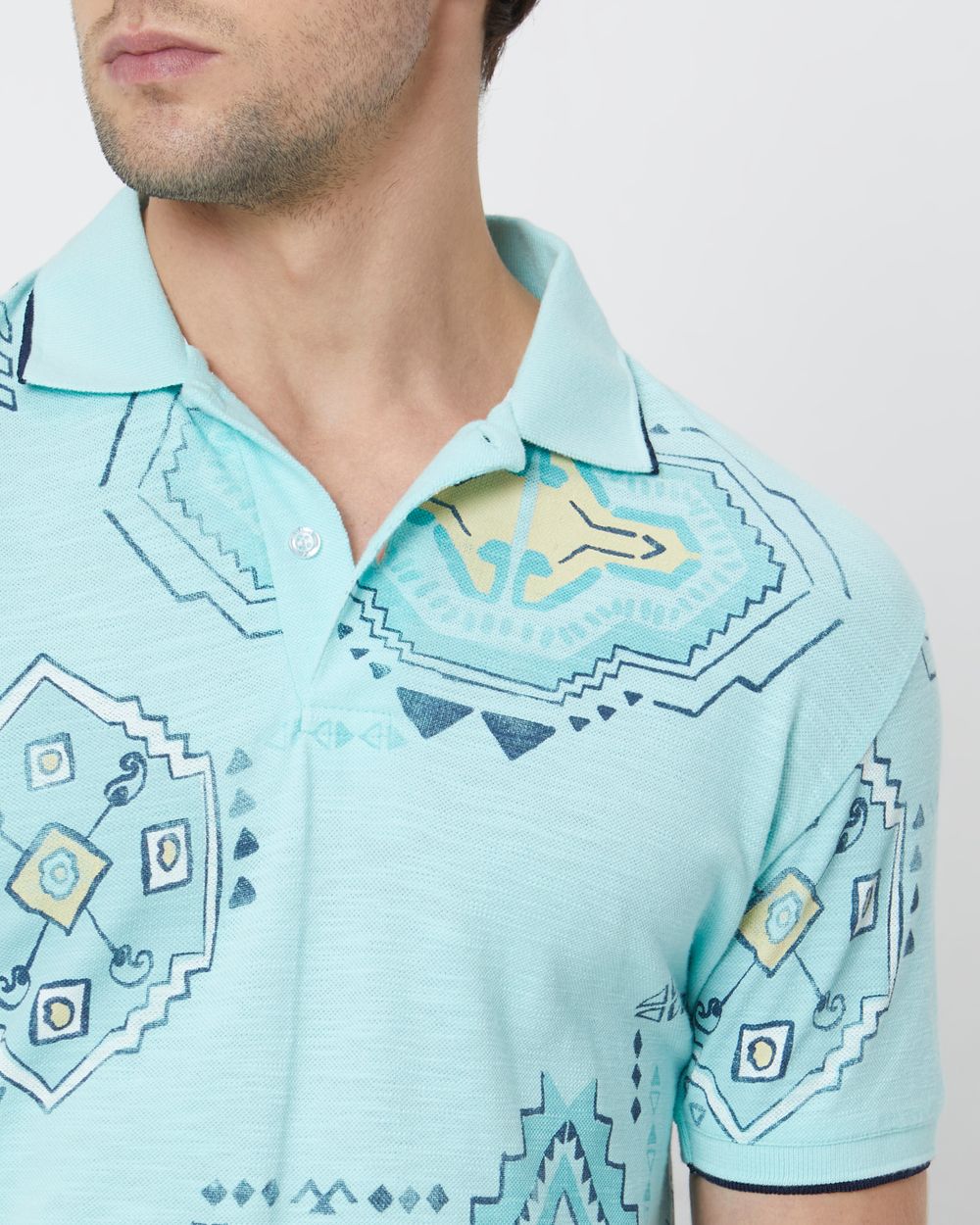 Light Blue Tribal Print Slim Fit Polo T-Shirt
