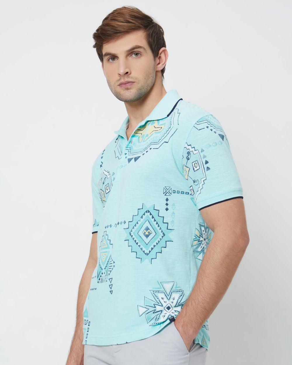 Light Blue Tribal Print Slim Fit Polo T-Shirt